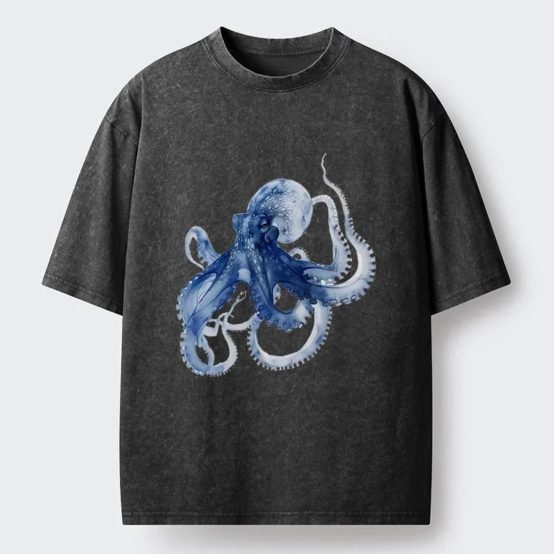Kyoto-Lion Blue Octopus Washed T-Shirt