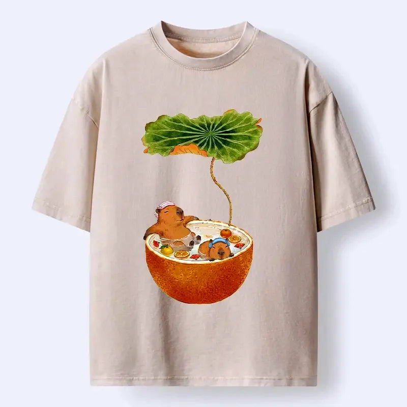 Kyoto-Lion Funny Capybara Bath Time With Oranges Washed T-Shirt