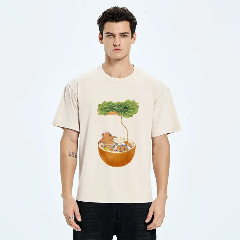Kyoto-Lion Funny Capybara Bath Time With Oranges Washed T-Shirt