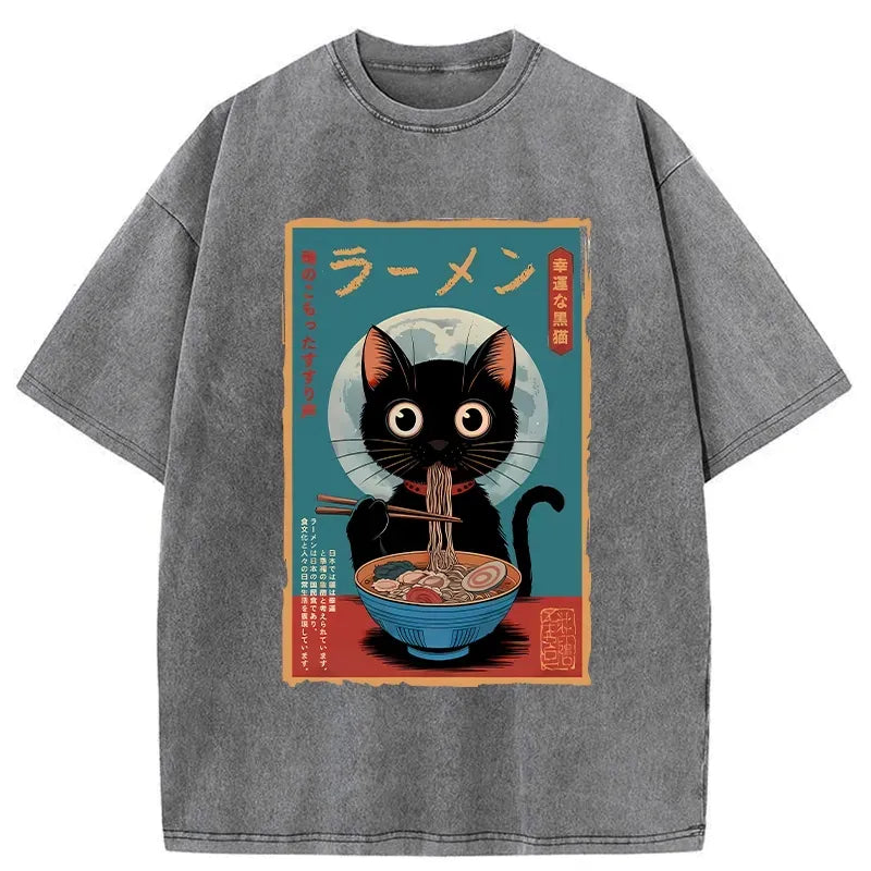 Kyoto-Lion Ramen Fanatic Cat Washed T-Shirt