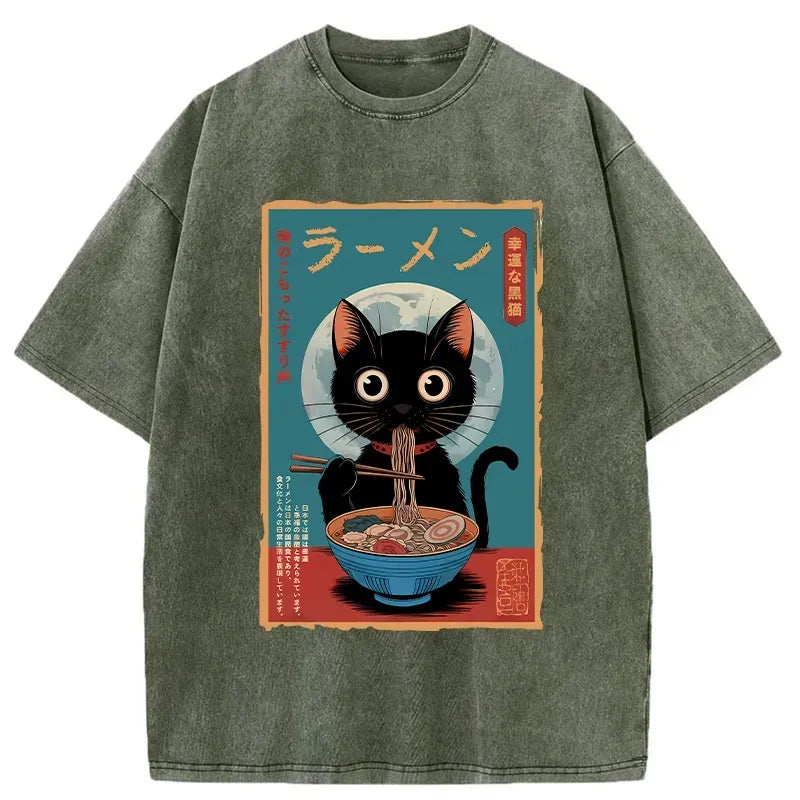 Kyoto-Lion Ramen Fanatic Cat Washed T-Shirt
