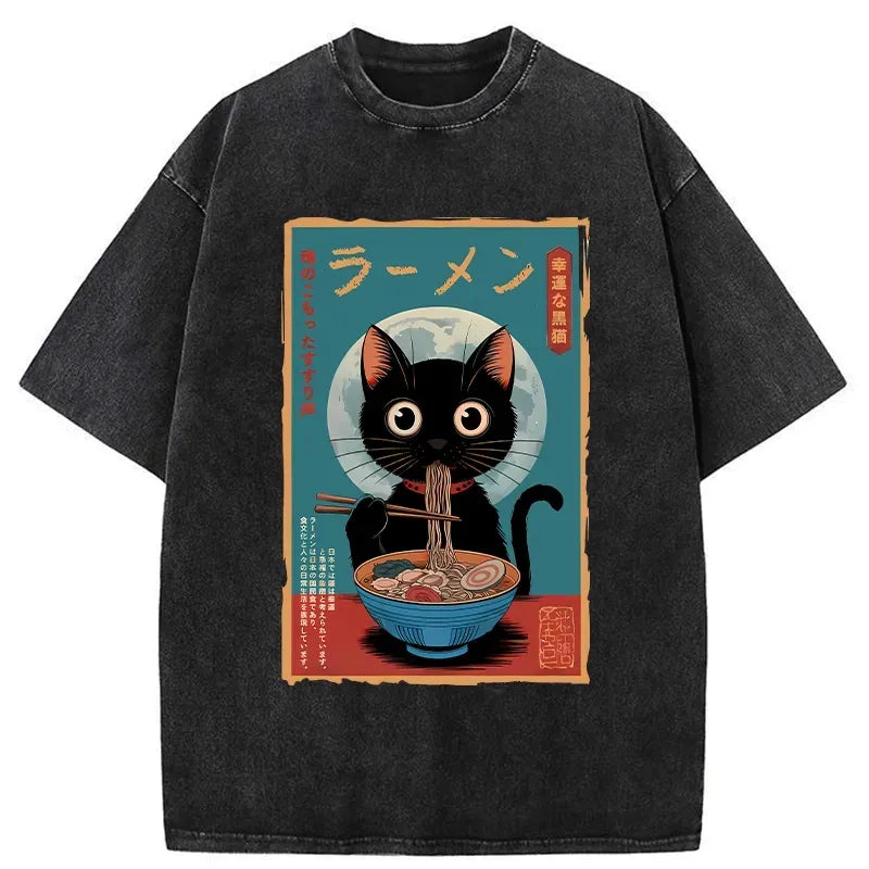 Kyoto-Lion Ramen Fanatic Cat Washed T-Shirt
