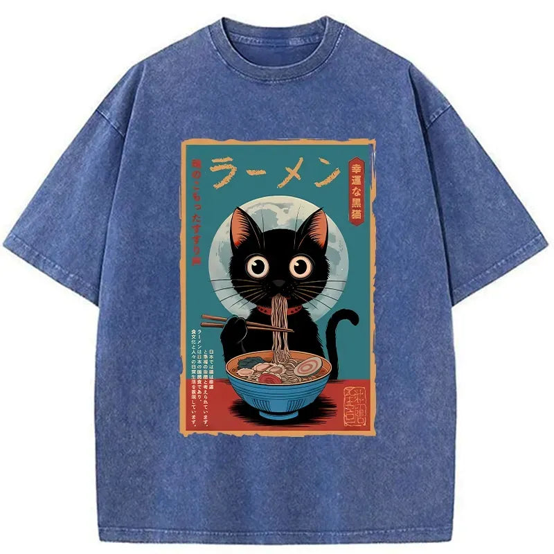 Kyoto-Lion Ramen Fanatic Cat Washed T-Shirt