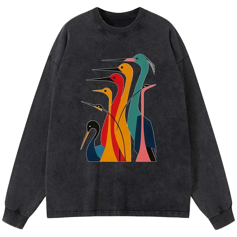 Kyoto-Lion Various Types Of Cranes Washed Long Sleeve T-Shirt