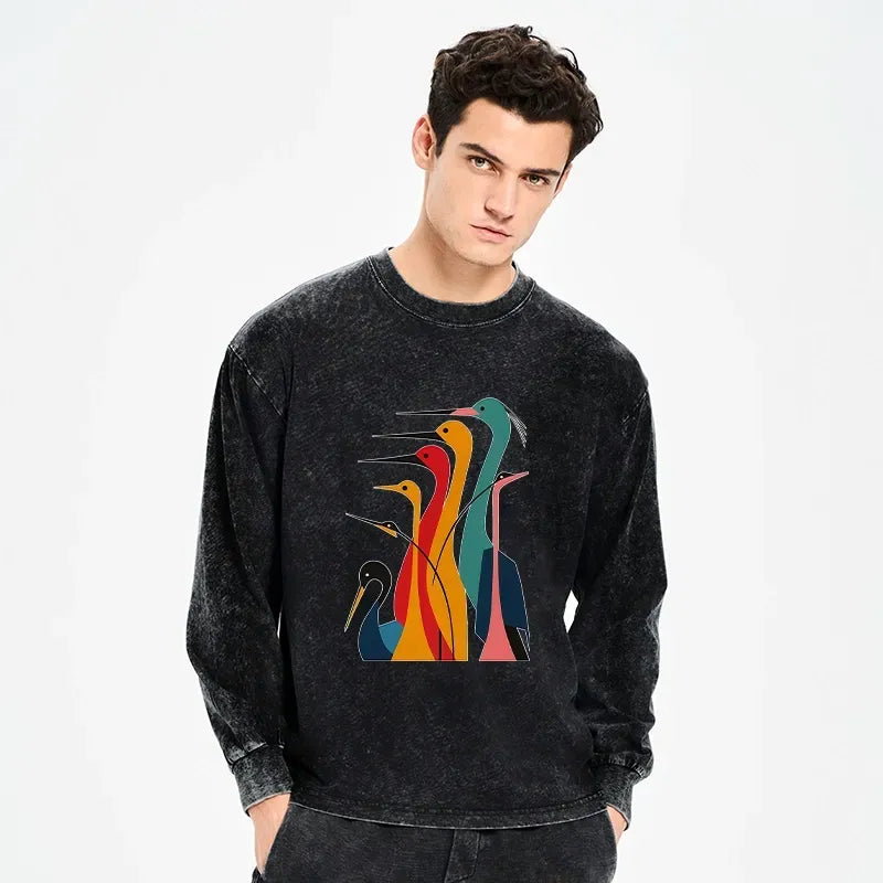 Kyoto-Lion Various Types Of Cranes Washed Long Sleeve T-Shirt