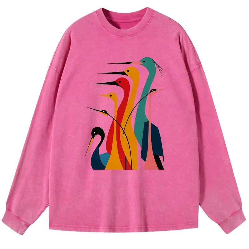 Kyoto-Lion Various Types Of Cranes Washed Long Sleeve T-Shirt
