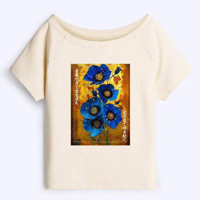 Kyoto-Lion Shiny Blue Flower Warm Golden Background Off Shoulder T-Shirt