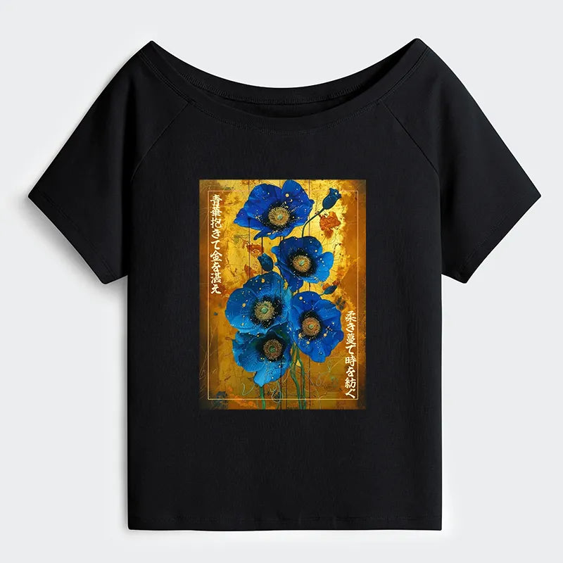 Kyoto-Lion Shiny Blue Flower Warm Golden Background Off Shoulder T-Shirt
