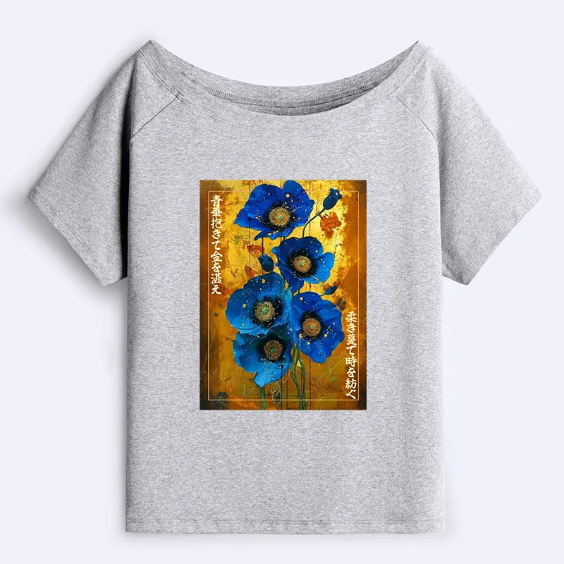Kyoto-Lion Shiny Blue Flower Warm Golden Background Off Shoulder T-Shirt