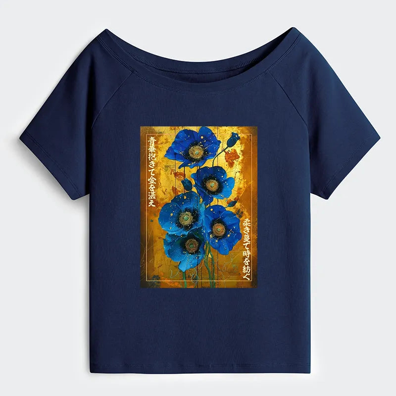 Kyoto-Lion Shiny Blue Flower Warm Golden Background Off Shoulder T-Shirt