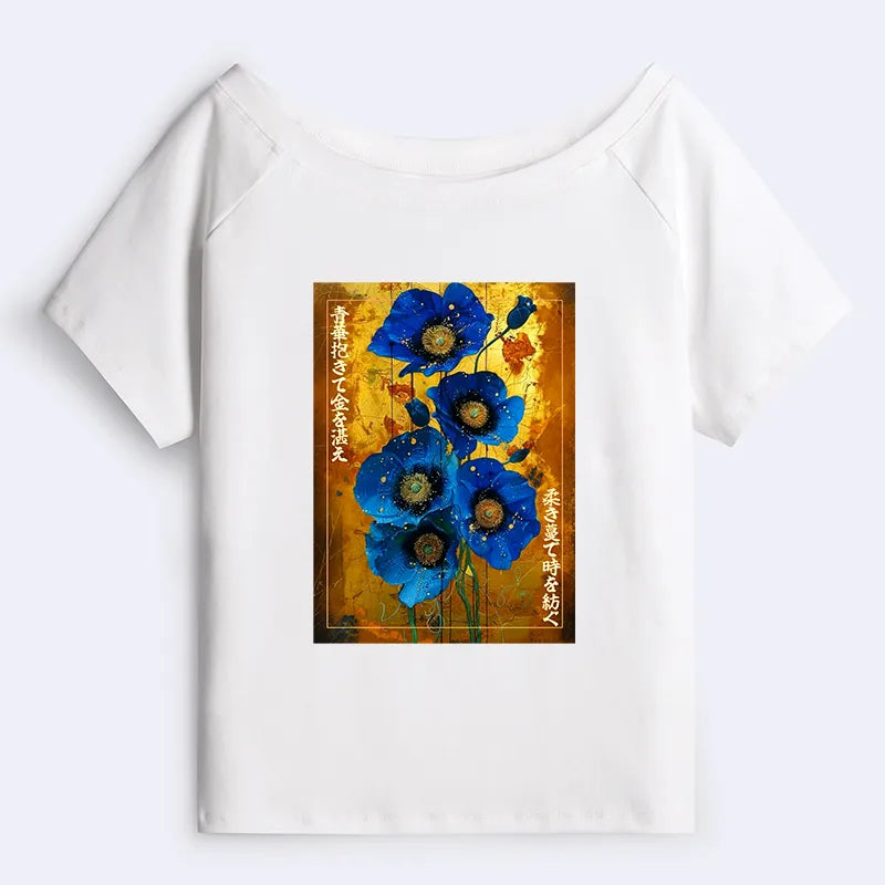 Kyoto-Lion Shiny Blue Flower Warm Golden Background Off Shoulder T-Shirt