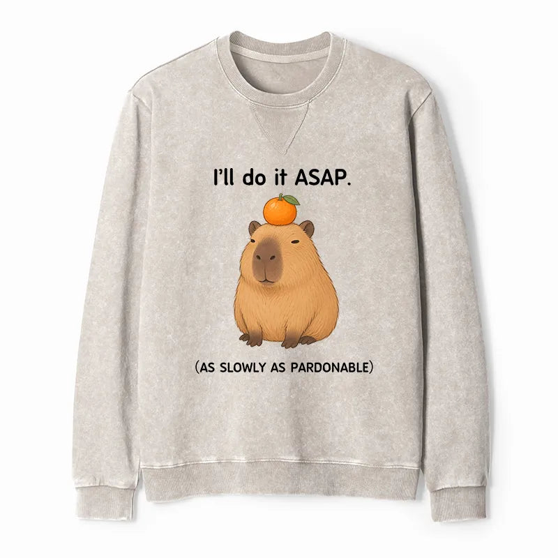 Kyoto-Lion Slow Task Capybara Meme Washed Terry Sweatshirt