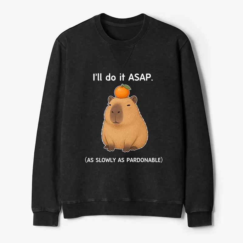 Kyoto-Lion Slow Task Capybara Meme Washed Terry Sweatshirt