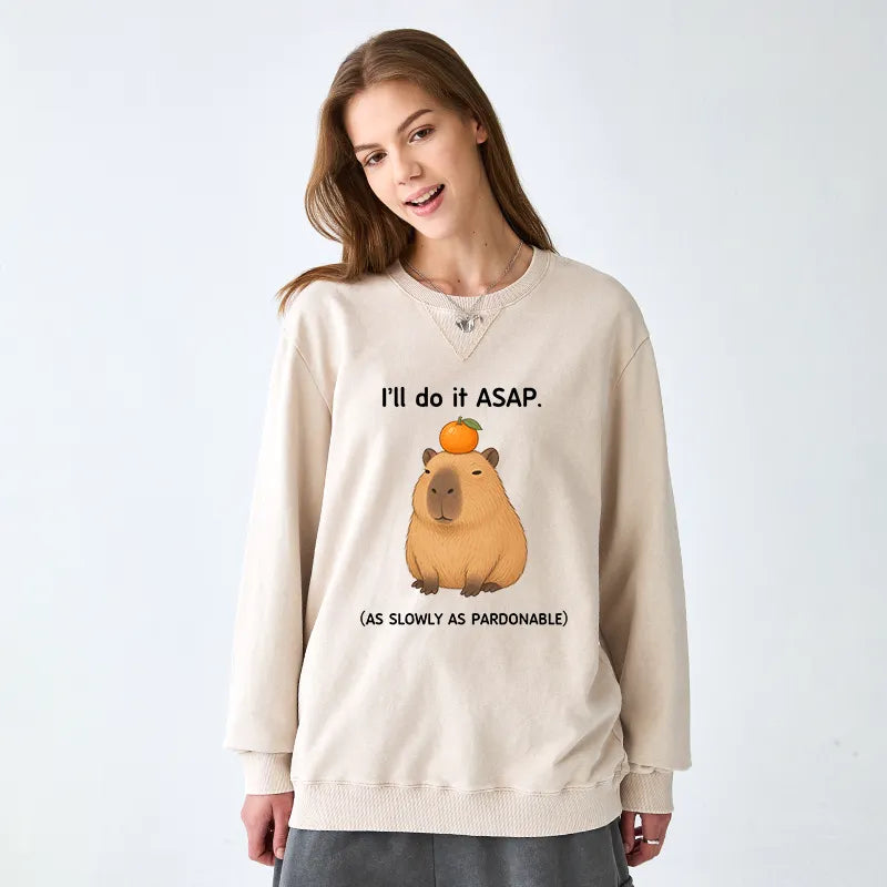 Kyoto-Lion Slow Task Capybara Meme Washed Terry Sweatshirt