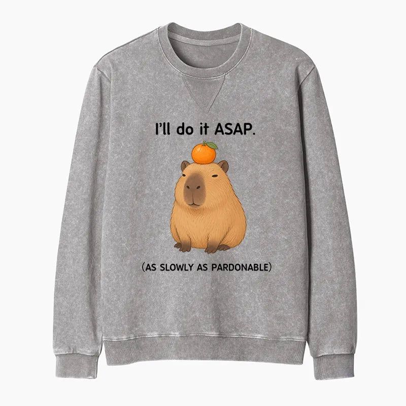 Kyoto-Lion Slow Task Capybara Meme Washed Terry Sweatshirt