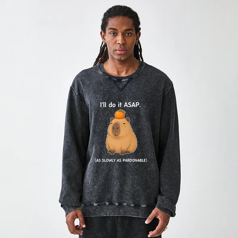 Kyoto-Lion Slow Task Capybara Meme Washed Terry Sweatshirt