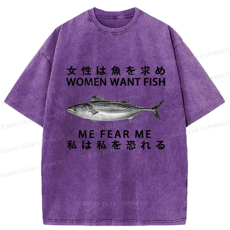 Kyoto-Lion Women Want Fish Me Fear Me Washed T-Shirt