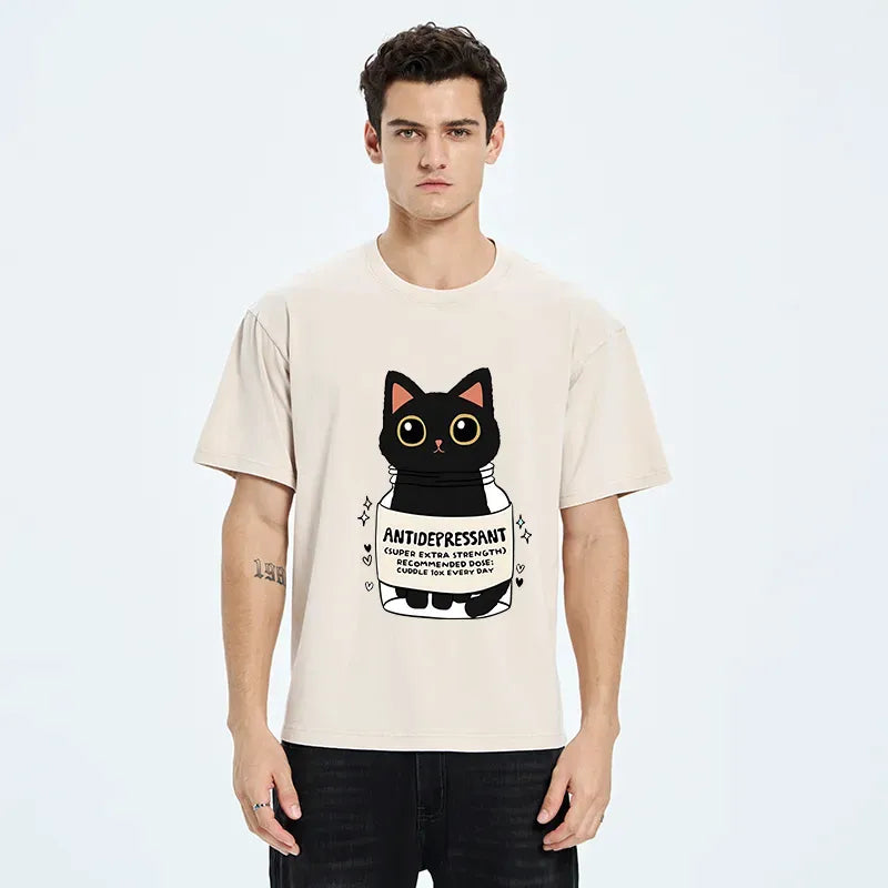 Kyoto-Lion Antidepressant Black Cat Washed T-Shirt