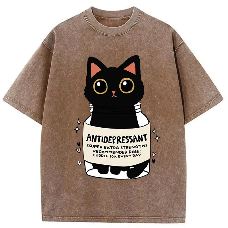Kyoto-Lion Antidepressant Black Cat Washed T-Shirt