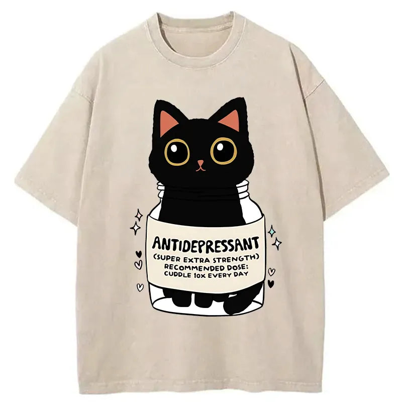 Kyoto-Lion Antidepressant Black Cat Washed T-Shirt