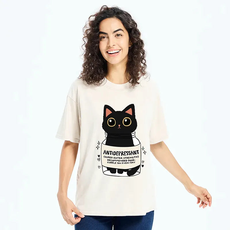 Kyoto-Lion Antidepressant Black Cat Washed T-Shirt