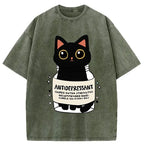 Japanese Black Cat Washed T-Shirt for Daily Casual Wear