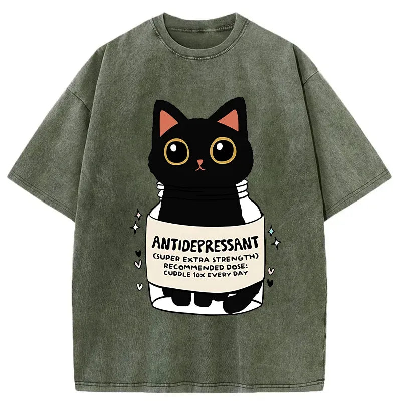 Japanese Black Cat Washed T-Shirt for Daily Casual Wear
