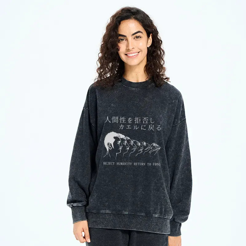 Japanese Frog Washed Sweatshirt for Streetwear