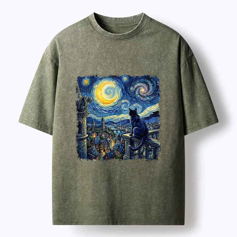Kyoto-Lion Van Gogh Galaxy Night Cute Cat Washed T-Shirt