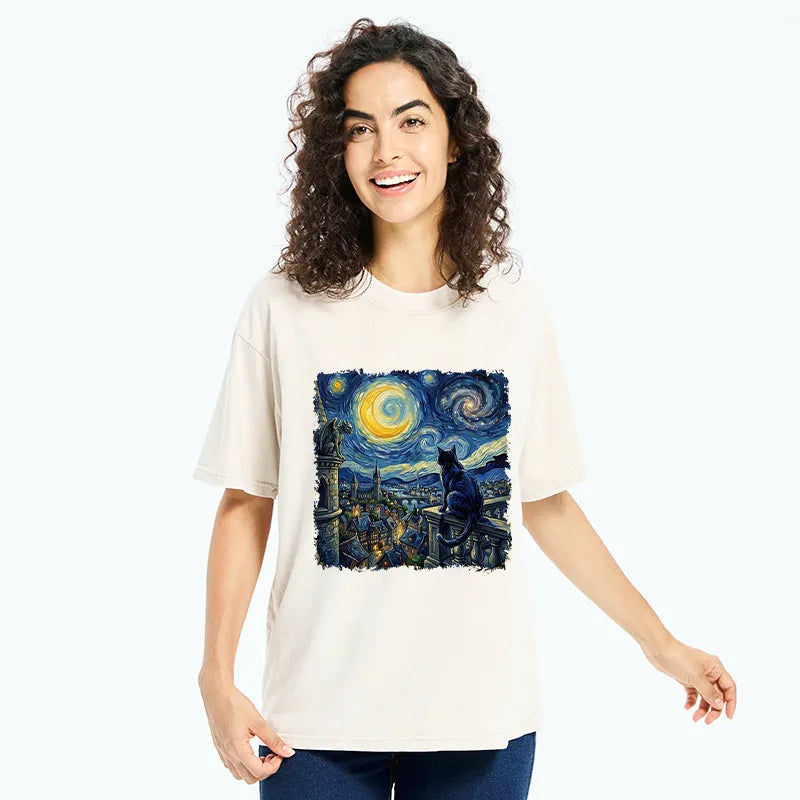 Kyoto-Lion Van Gogh Galaxy Night Cute Cat Washed T-Shirt