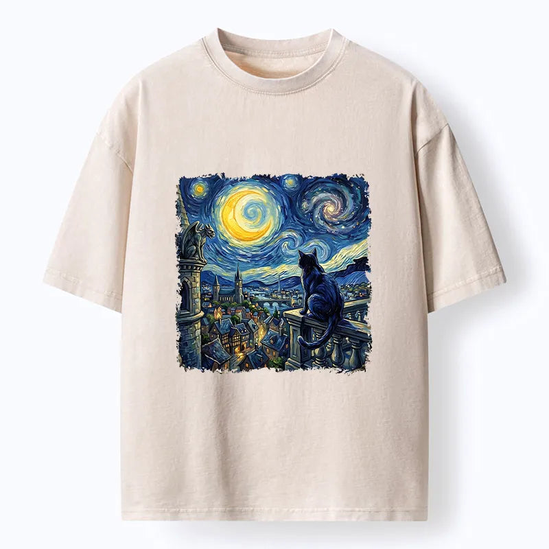 Kyoto-Lion Van Gogh Galaxy Night Cute Cat Washed T-Shirt