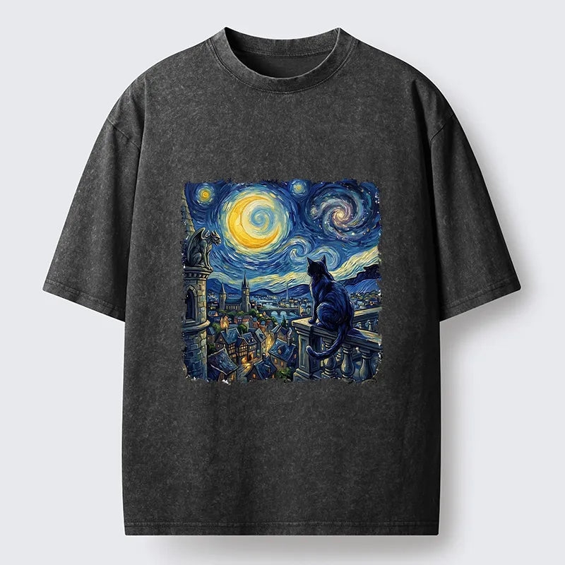 Kyoto-Lion Van Gogh Galaxy Night Cute Cat Washed T-Shirt