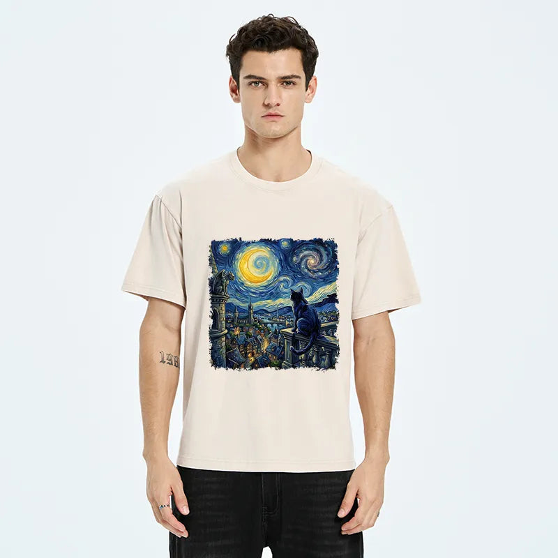 Kyoto-Lion Van Gogh Galaxy Night Cute Cat Washed T-Shirt