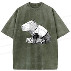 Kyoto-Lion Funny Capybara Skateboard Washed T-Shirt