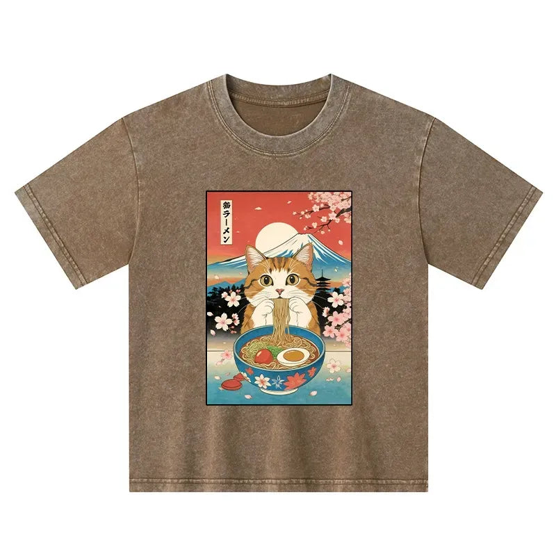 funny orange cat eating ramen kids t-shirt