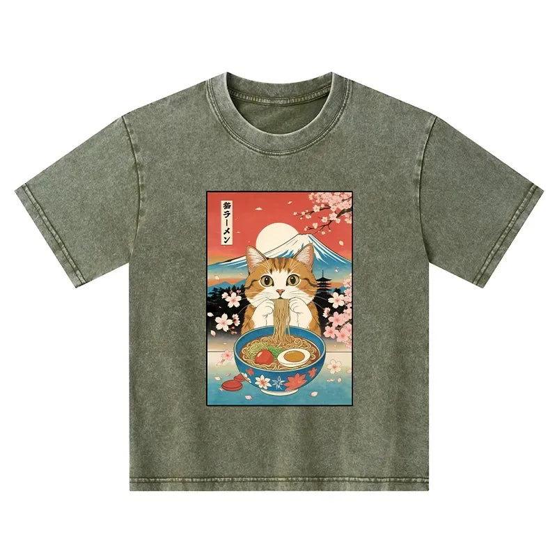 funny orange cat eating ramen kids t-shirt