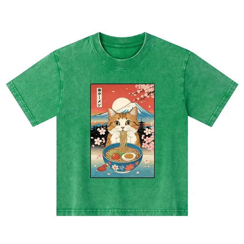 japanese vintage cat ramen kids shirt