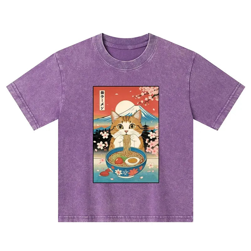 Kyoto-Lion Funny Orange Cat Eating Ramen Japan Kids Washed T-Shirt