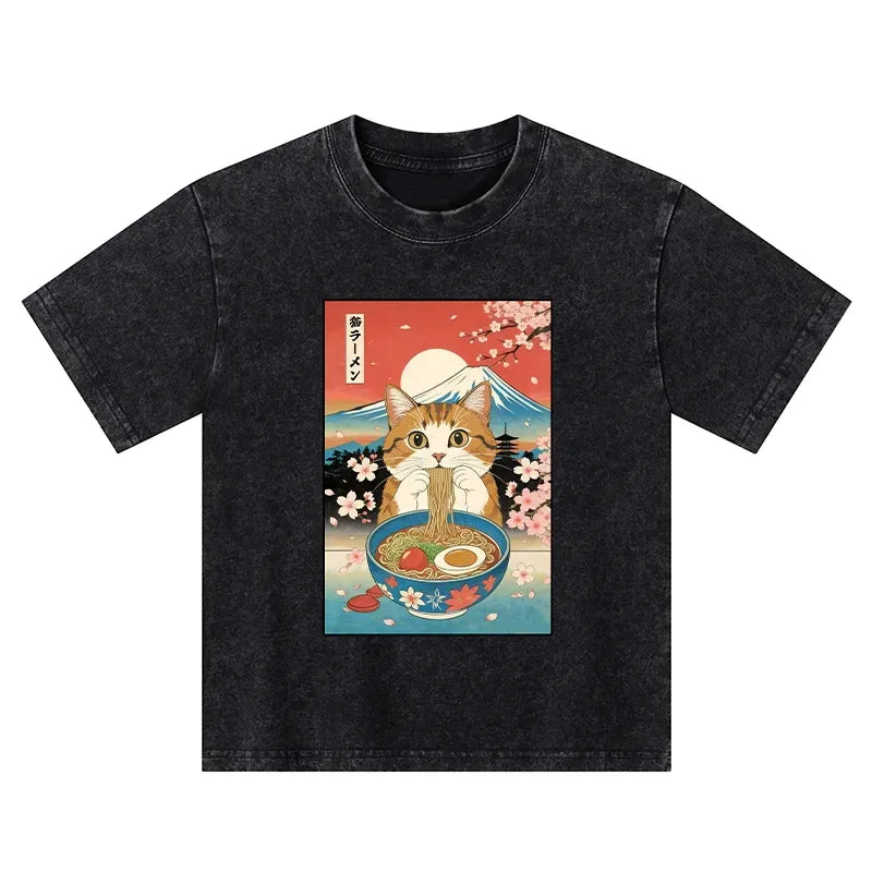 japanese vintage cat ramen kids shirt