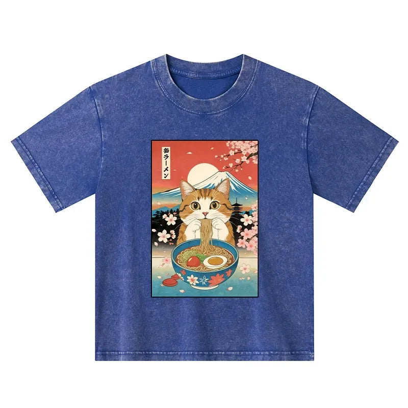 funny orange cat eating ramen kids t-shirt