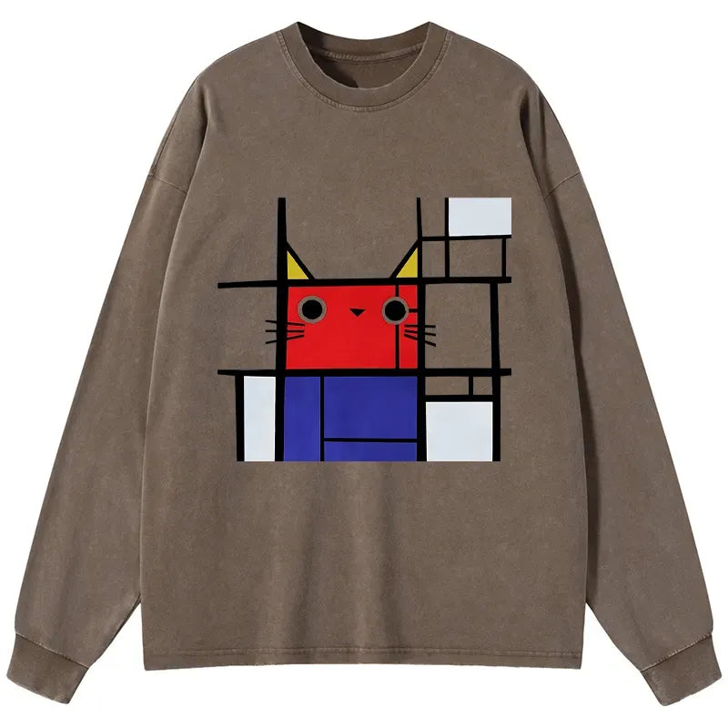 Kyoto-Lion Abstract Art Cat Washed Long Sleeve T-Shirt