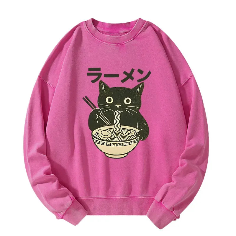 Kyoto-Lion Simple Black Cat Eating Ramen Washed Sweatshirt
