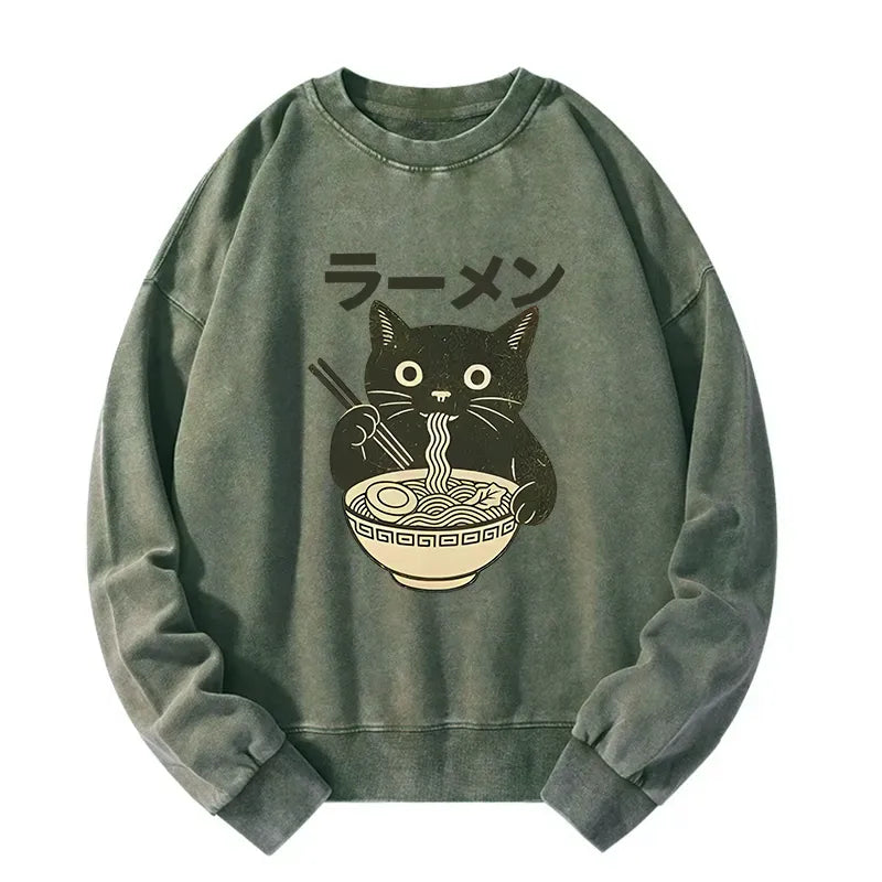 Kyoto-Lion Simple Black Cat Eating Ramen Washed Sweatshirt