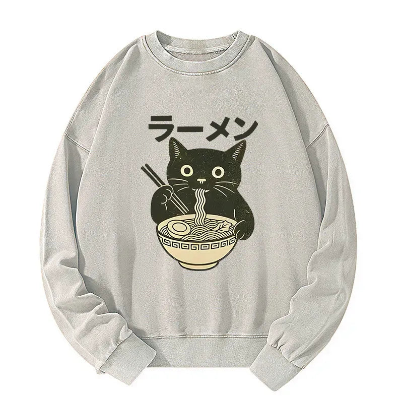 Washed Black Cat Ramen Sweatshirt for Daily Wear