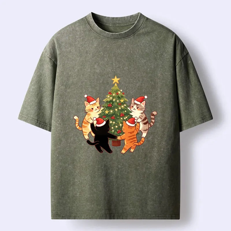 Kyoto-Lion Cat Christmas Tree Party Washed T-Shirt