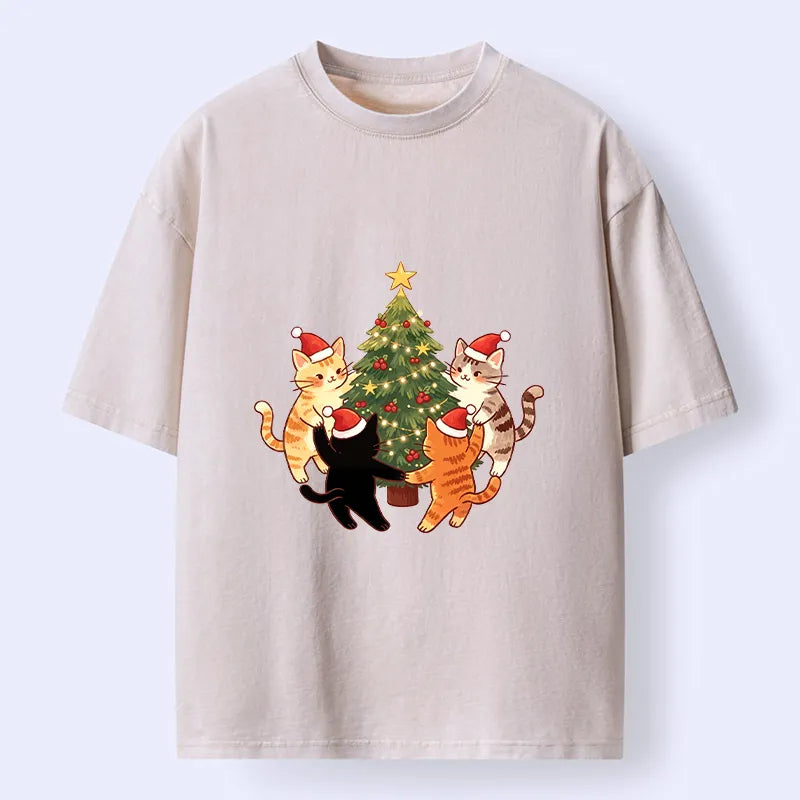 Kyoto-Lion Cat Christmas Tree Party Washed T-Shirt