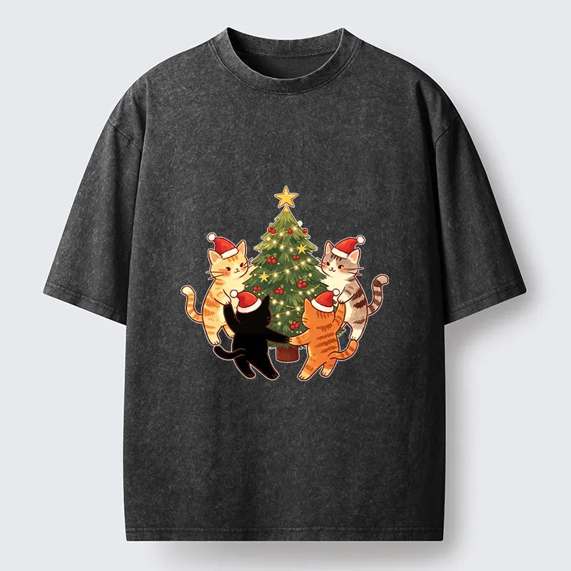 Kyoto-Lion Cat Christmas Tree Party Washed T-Shirt