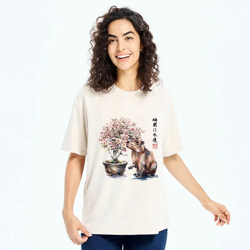 Kyoto-Lion Peaceful Capybara Spring Sakura Art Washed T-Shirt