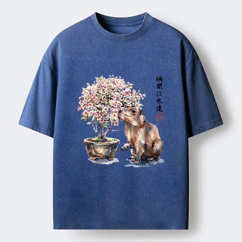 Kyoto-Lion Peaceful Capybara Spring Sakura Art Washed T-Shirt