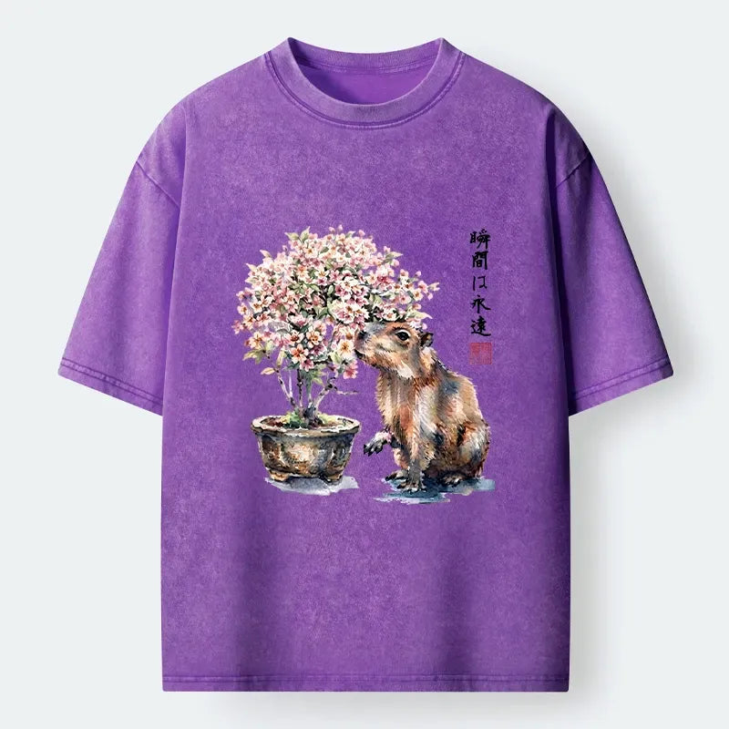 Peaceful Capybara Sakura Washed T-Shirt